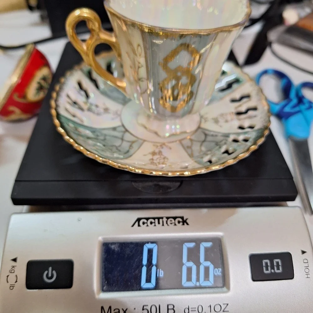 Vintage 1950 Lusterware Demitasse Cup Saucer Gold Trim Reticulated‎ Japan